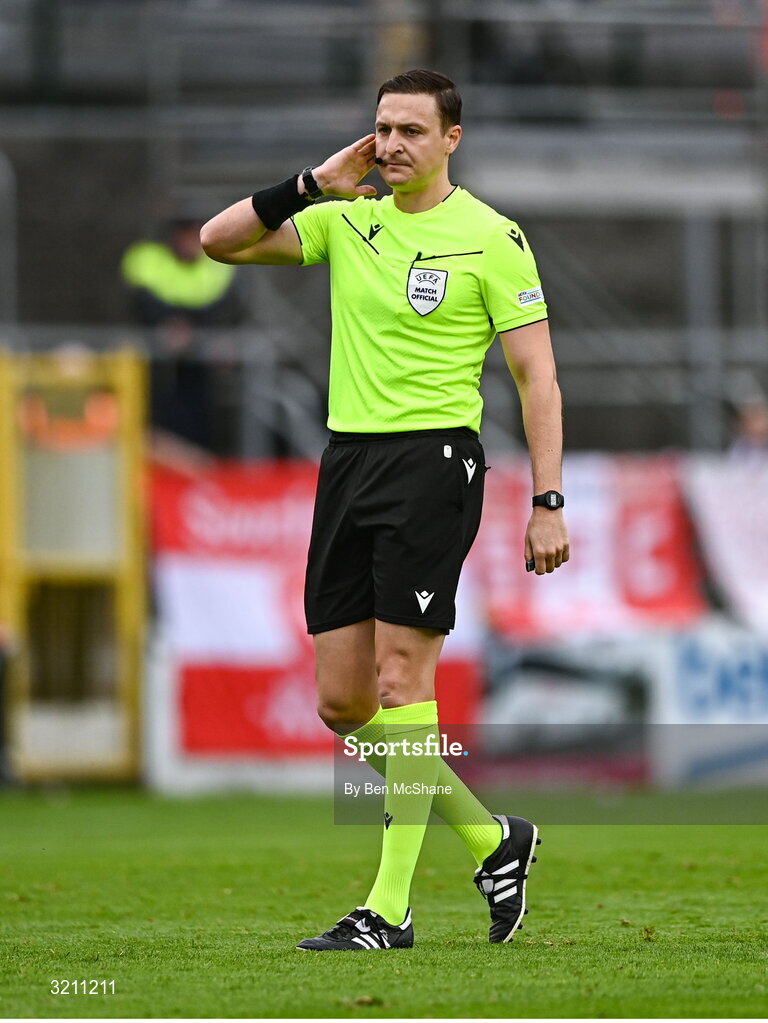 23 July 2025; Referee Ante Culina during the UEFA Champions League Second Qualifying Round first leg match between Shelbourne and Qarabag FK at Tolka Park in Dublin. Photo by Ben McShane/Sportsfile