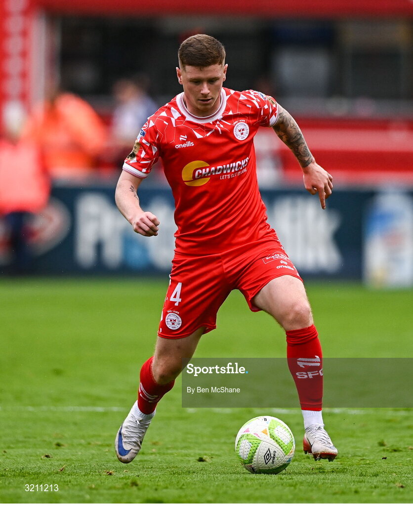 23 July 2025; Kameron Ledwidge of Shelbourne during the UEFA Champions League Second Qualifying Round first leg match between Shelbourne and Qarabag FK at Tolka Park in Dublin. Photo by Ben McShane/Sportsfile