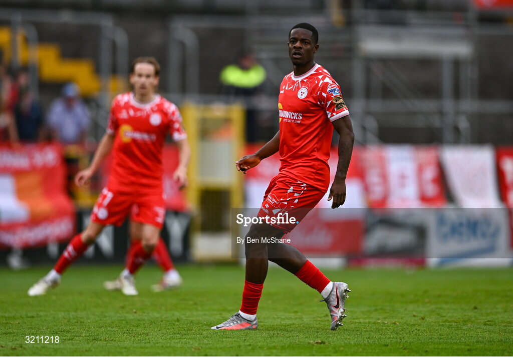 23 July 2025; Mipo Odubeko of Shelbourne during the UEFA Champions League Second Qualifying Round first leg match between Shelbourne and Qarabag FK at Tolka Park in Dublin. Photo by Ben McShane/Sportsfile
