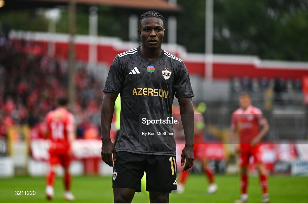 23 July 2025; Emmanuel Addai of Qarabag during the UEFA Champions League Second Qualifying Round first leg match between Shelbourne and Qarabag FK at Tolka Park in Dublin. Photo by Ben McShane/Sportsfile