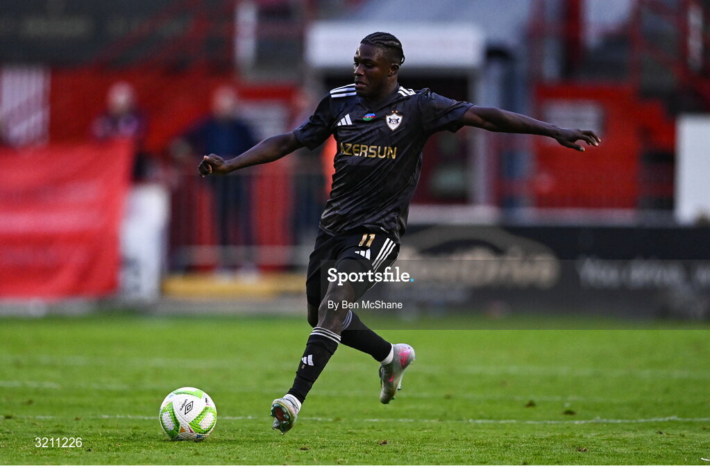 23 July 2025; Emmanuel Addai of Qarabag during the UEFA Champions League Second Qualifying Round first leg match between Shelbourne and Qarabag FK at Tolka Park in Dublin. Photo by Ben McShane/Sportsfile