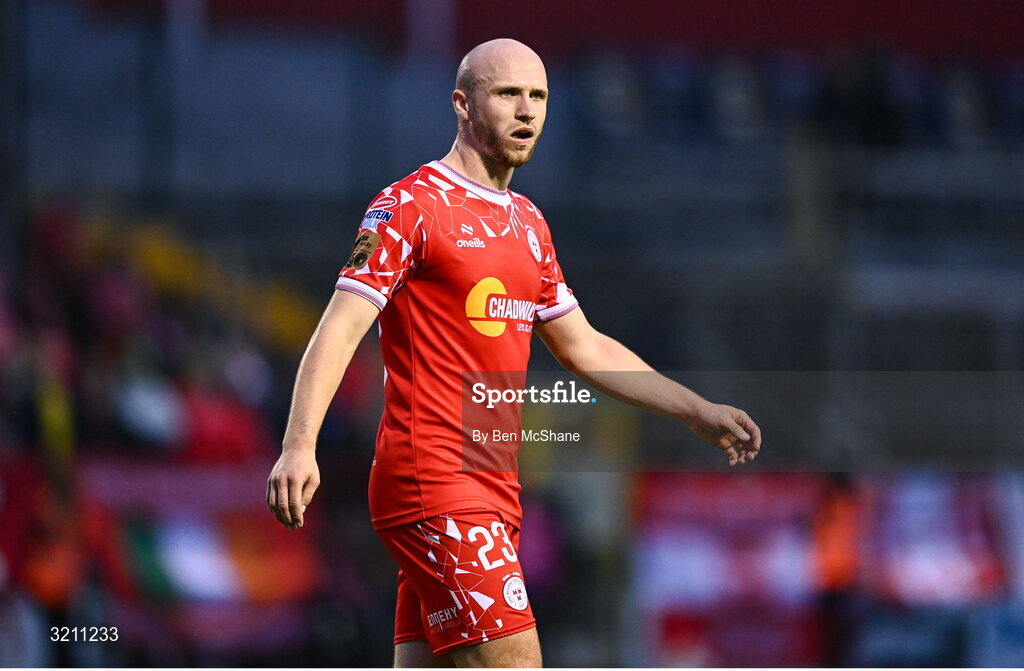 23 July 2025; Kerr McInroy of Shelbourne during the UEFA Champions League Second Qualifying Round first leg match between Shelbourne and Qarabag FK at Tolka Park in Dublin. Photo by Ben McShane/Sportsfile