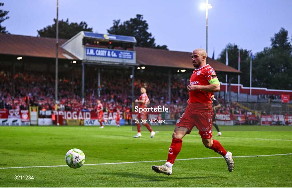 23 July 2025; Mark Coyle of Shelbourne during the UEFA Champions League Second Qualifying Round first leg match between Shelbourne and Qarabag FK at Tolka Park in Dublin. Photo by Ben McShane/Sportsfile