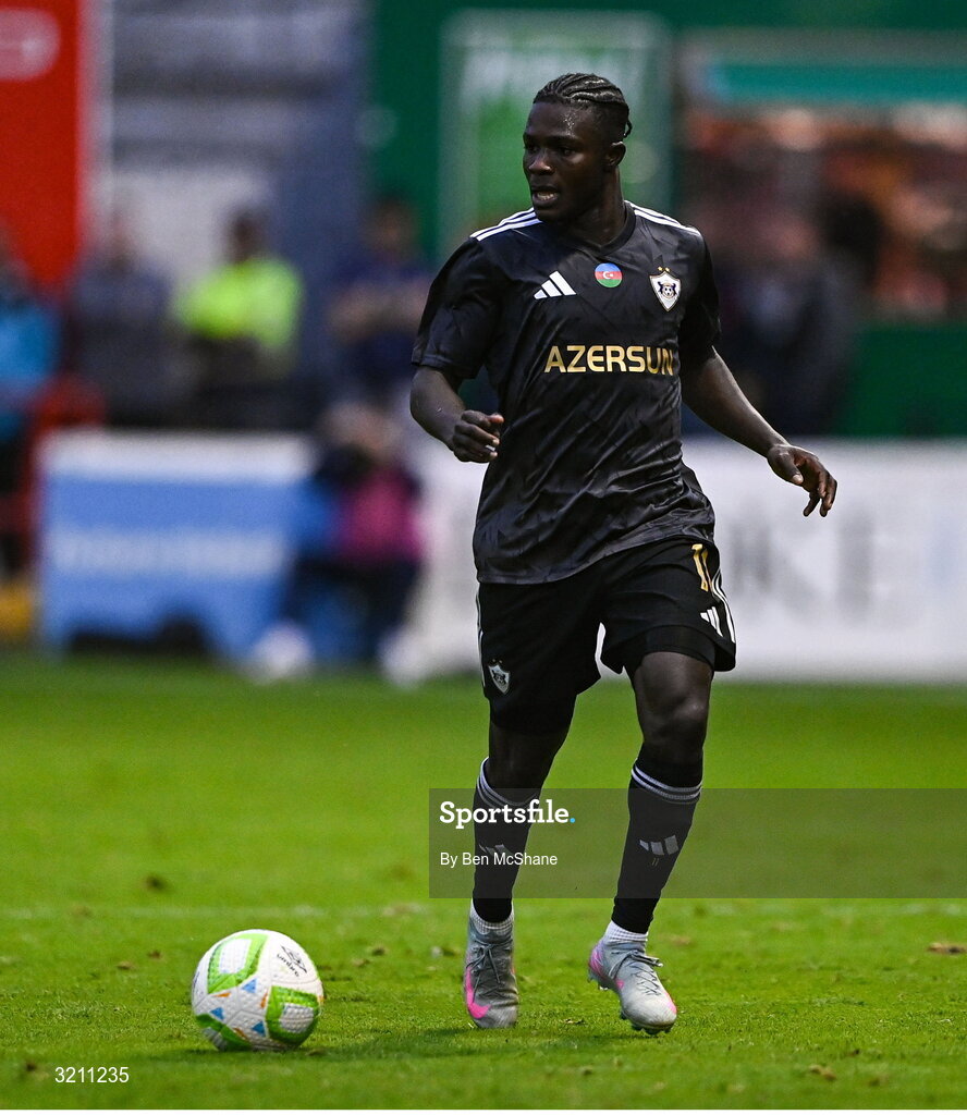 23 July 2025; Emmanuel Addai of Qarabag during the UEFA Champions League Second Qualifying Round first leg match between Shelbourne and Qarabag FK at Tolka Park in Dublin. Photo by Ben McShane/Sportsfile