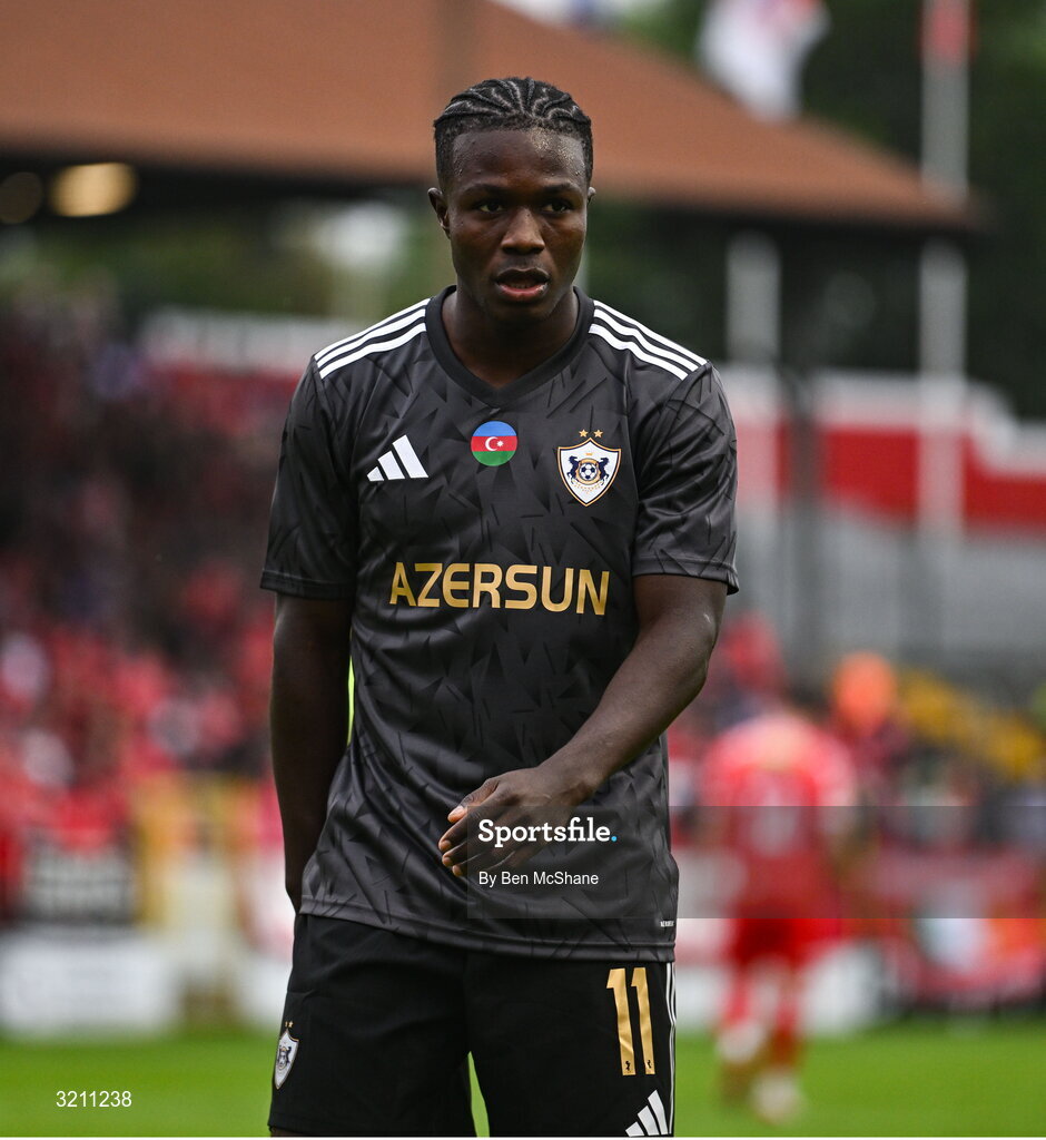 23 July 2025; Emmanuel Addai of Qarabag during the UEFA Champions League Second Qualifying Round first leg match between Shelbourne and Qarabag FK at Tolka Park in Dublin. Photo by Ben McShane/Sportsfile