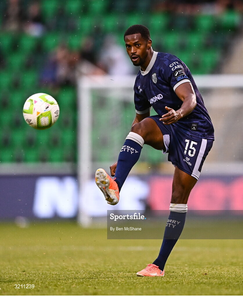 3 August 2025; Sadou Diallo of Derry City during the SSE Airtricity Men's Premier Division match between Shamrock Rovers and Derry City at Tallaght Stadium in Dublin.  Photo by Ben McShane/Sportsfile