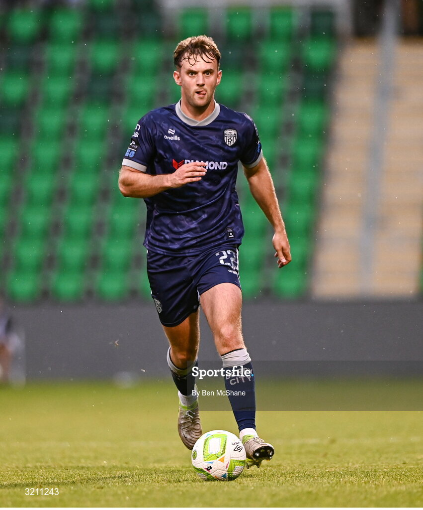 3 August 2025; Jamie Stott of Derry City during the SSE Airtricity Men's Premier Division match between Shamrock Rovers and Derry City at Tallaght Stadium in Dublin.  Photo by Ben McShane/Sportsfile