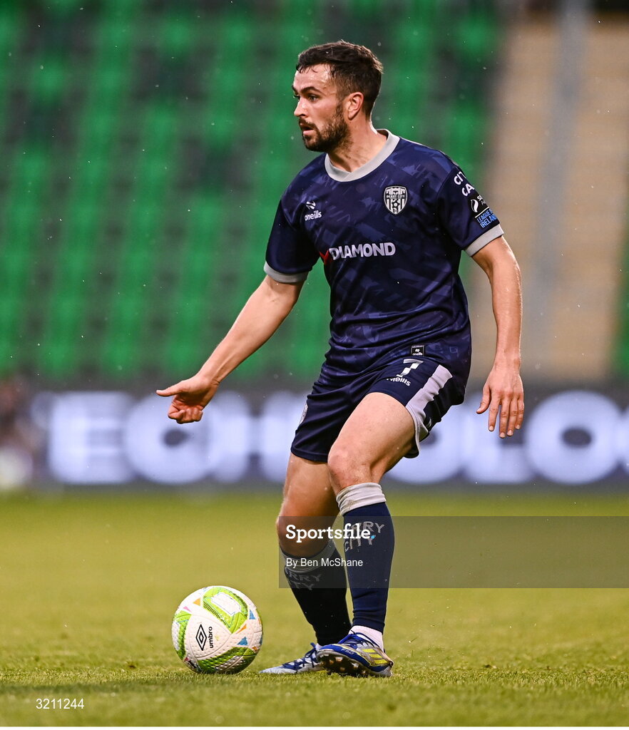 3 August 2025; Michael Duffy of Derry City during the SSE Airtricity Men's Premier Division match between Shamrock Rovers and Derry City at Tallaght Stadium in Dublin.  Photo by Ben McShane/Sportsfile
