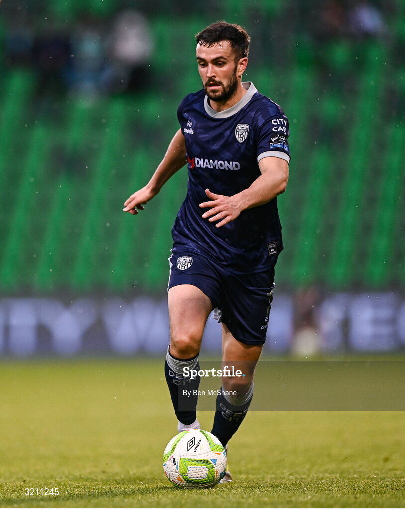 3 August 2025; Michael Duffy of Derry City during the SSE Airtricity Men's Premier Division match between Shamrock Rovers and Derry City at Tallaght Stadium in Dublin.  Photo by Ben McShane/Sportsfile