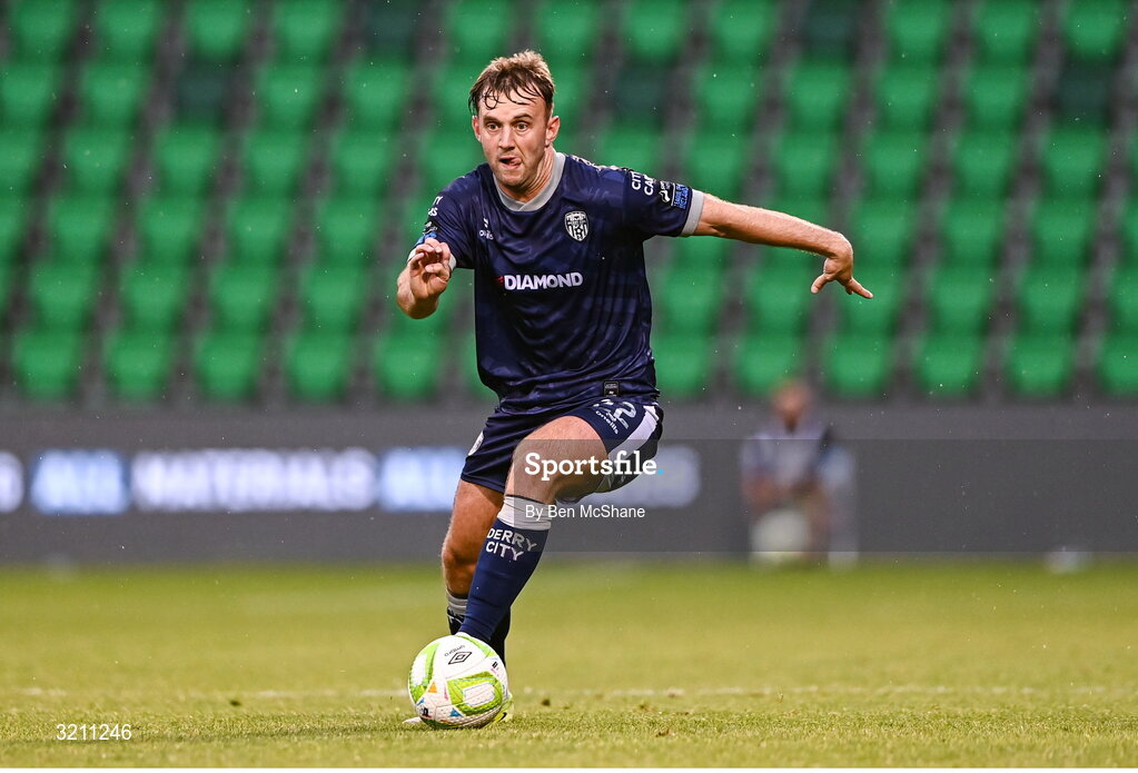 3 August 2025; Jamie Stott of Derry City during the SSE Airtricity Men's Premier Division match between Shamrock Rovers and Derry City at Tallaght Stadium in Dublin.  Photo by Ben McShane/Sportsfile