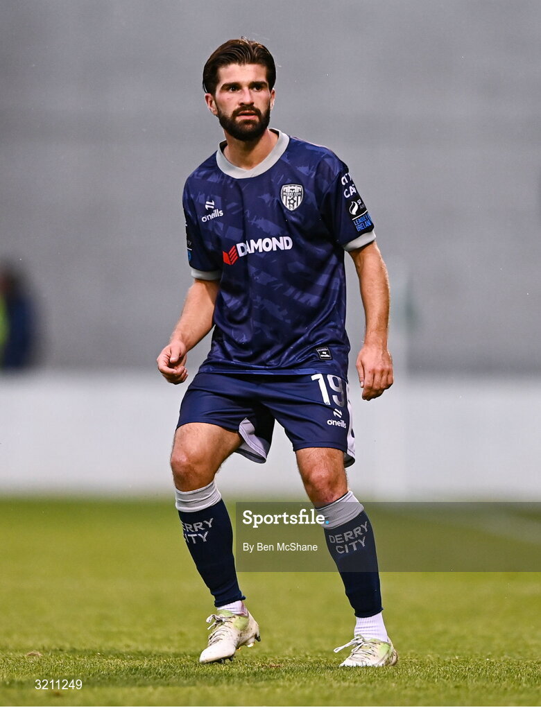 3 August 2025; Brandon Fleming of Derry City during the SSE Airtricity Men's Premier Division match between Shamrock Rovers and Derry City at Tallaght Stadium in Dublin.  Photo by Ben McShane/Sportsfile