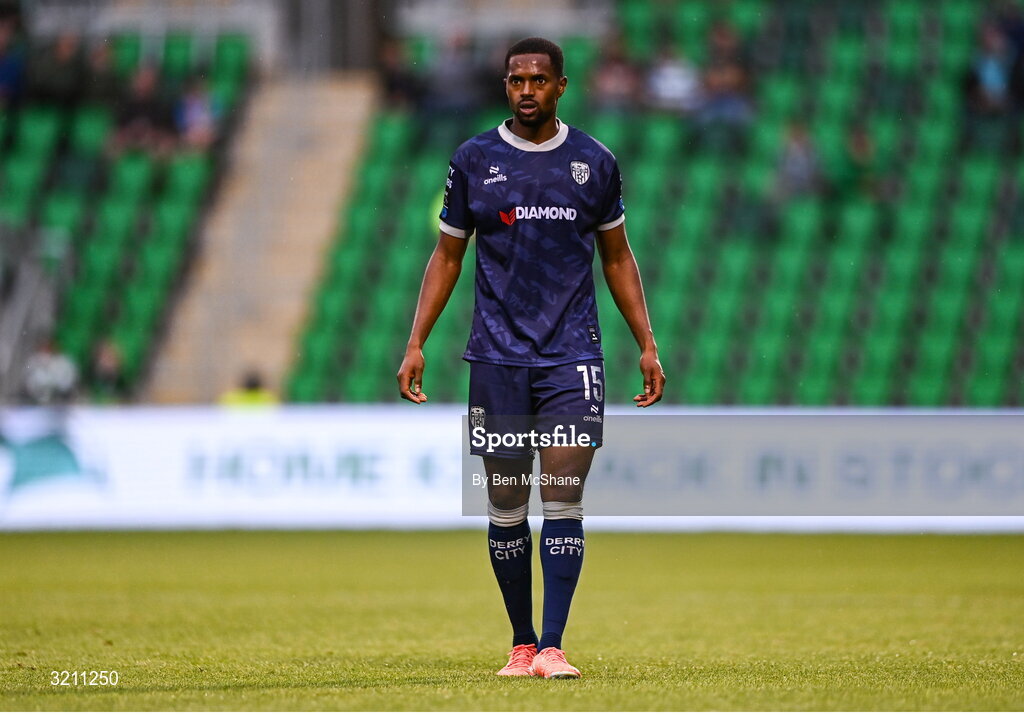 3 August 2025; Sadou Diallo of Derry City during the SSE Airtricity Men's Premier Division match between Shamrock Rovers and Derry City at Tallaght Stadium in Dublin.  Photo by Ben McShane/Sportsfile