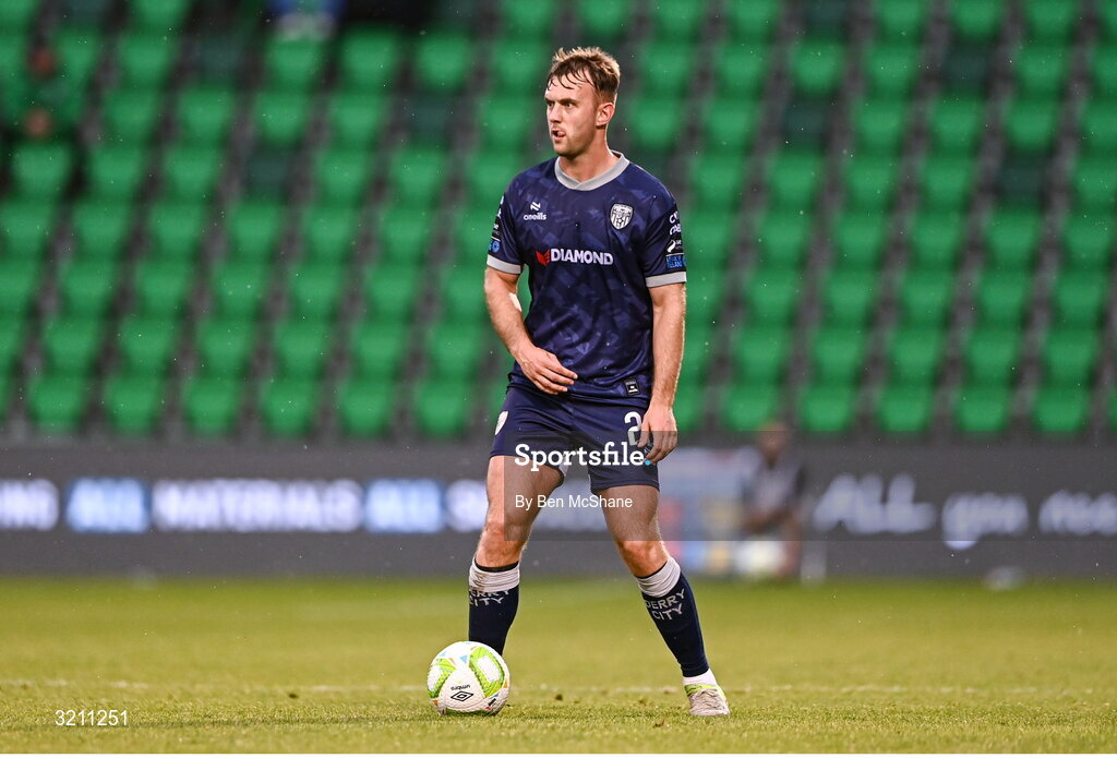 3 August 2025; Jamie Stott of Derry City during the SSE Airtricity Men's Premier Division match between Shamrock Rovers and Derry City at Tallaght Stadium in Dublin.  Photo by Ben McShane/Sportsfile