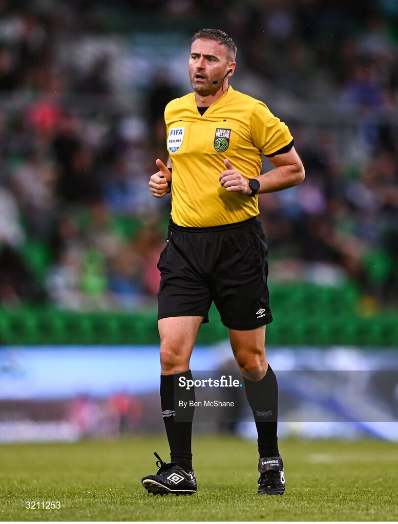 3 August 2025; Referee Paul McLaughlin during the SSE Airtricity Men's Premier Division match between Shamrock Rovers and Derry City at Tallaght Stadium in Dublin.  Photo by Ben McShane/Sportsfile