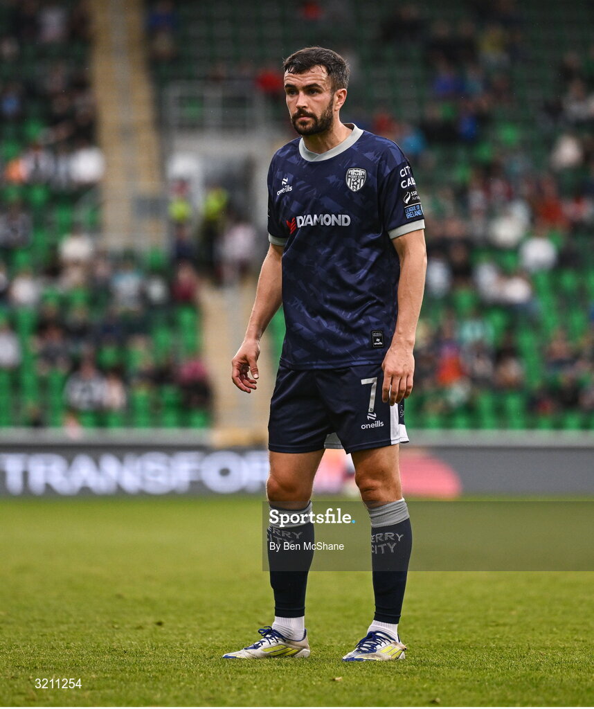 3 August 2025; Michael Duffy of Derry City during the SSE Airtricity Men's Premier Division match between Shamrock Rovers and Derry City at Tallaght Stadium in Dublin.  Photo by Ben McShane/Sportsfile