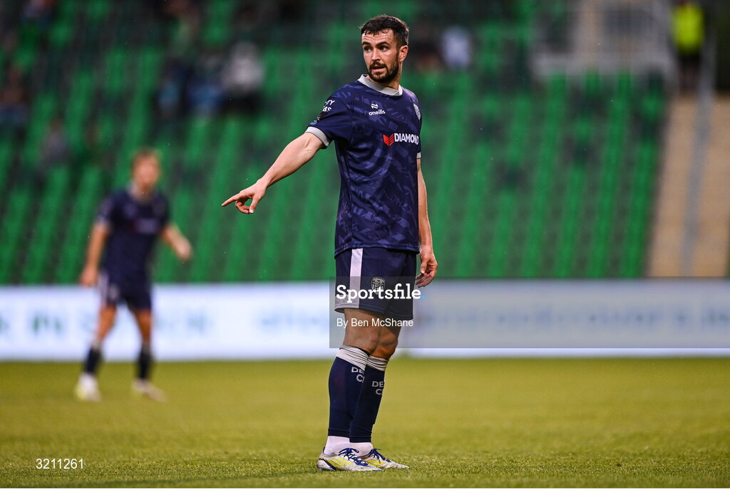3 August 2025; Michael Duffy of Derry City during the SSE Airtricity Men's Premier Division match between Shamrock Rovers and Derry City at Tallaght Stadium in Dublin.  Photo by Ben McShane/Sportsfile