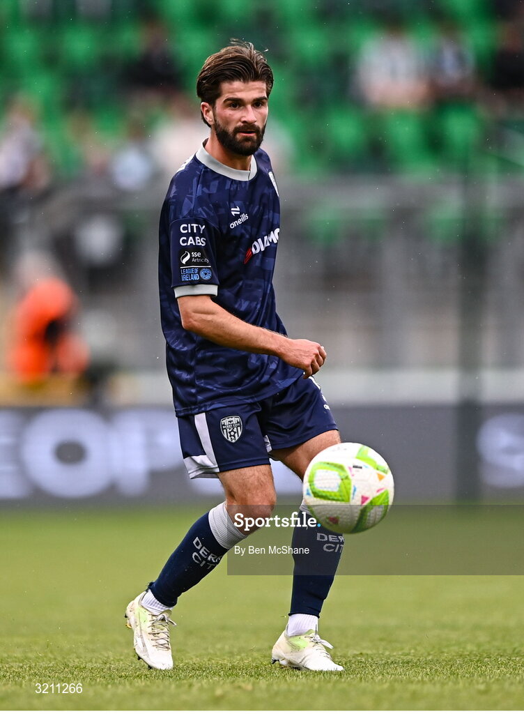 3 August 2025; Brandon Fleming of Derry City during the SSE Airtricity Men's Premier Division match between Shamrock Rovers and Derry City at Tallaght Stadium in Dublin.  Photo by Ben McShane/Sportsfile