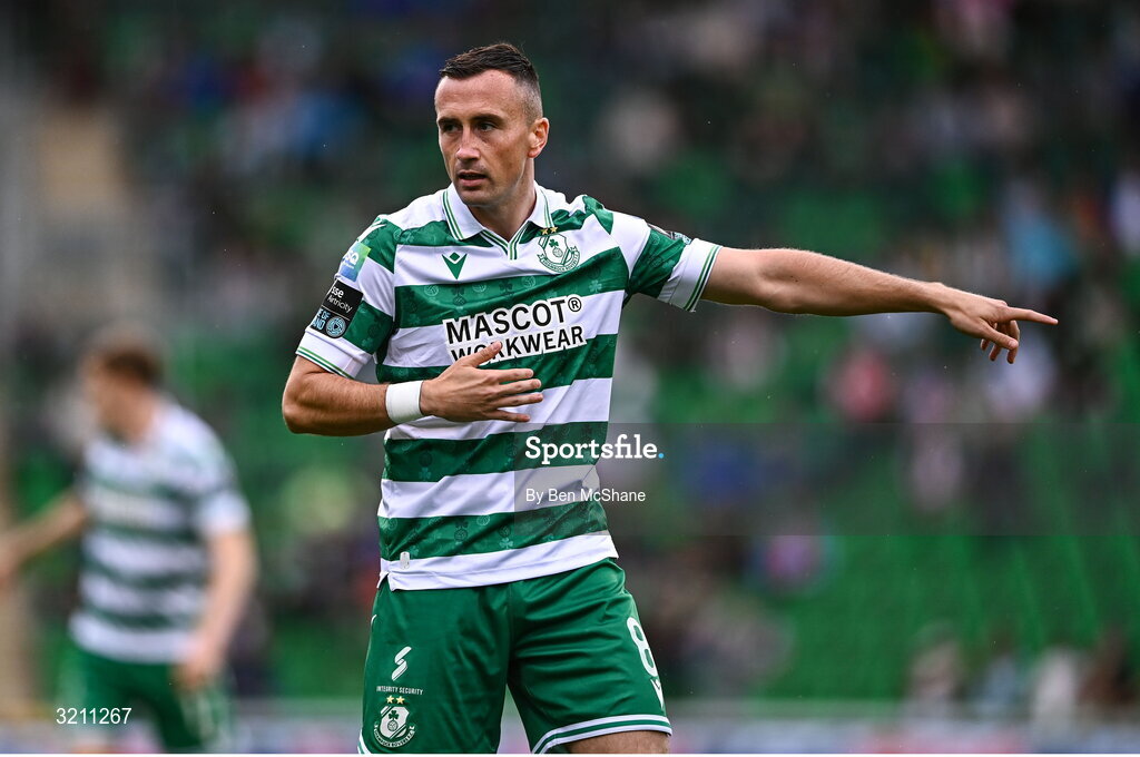3 August 2025; Aaron McEneff of Shamrock Rovers during the SSE Airtricity Men's Premier Division match between Shamrock Rovers and Derry City at Tallaght Stadium in Dublin.  Photo by Ben McShane/Sportsfile
