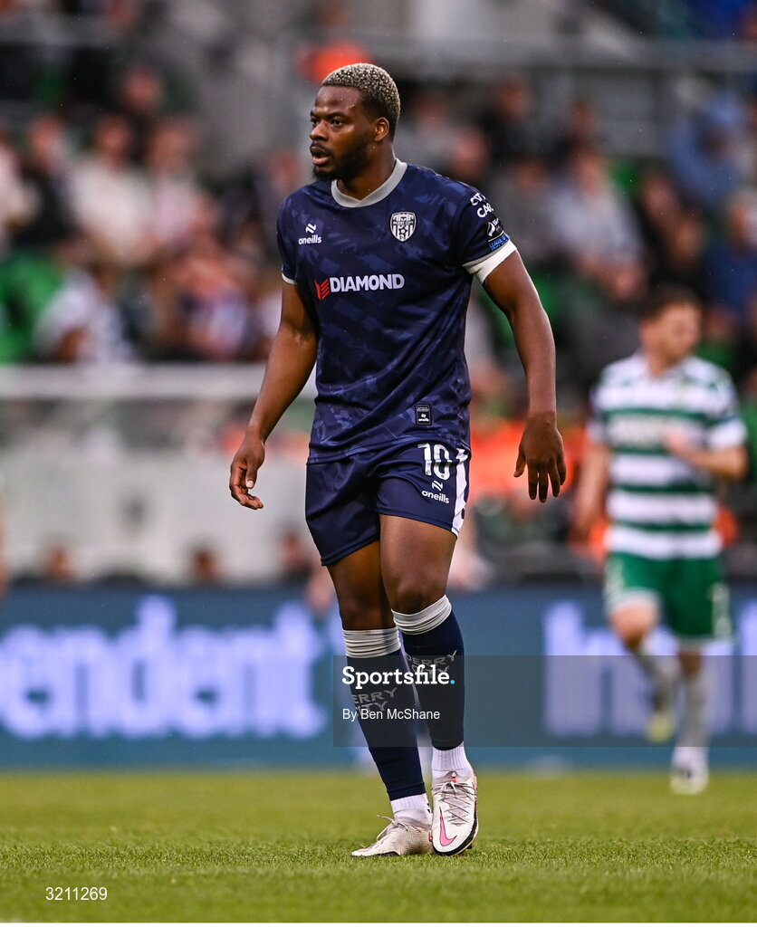3 August 2025; Dipo Akinyemi of Derry City during the SSE Airtricity Men's Premier Division match between Shamrock Rovers and Derry City at Tallaght Stadium in Dublin.  Photo by Ben McShane/Sportsfile