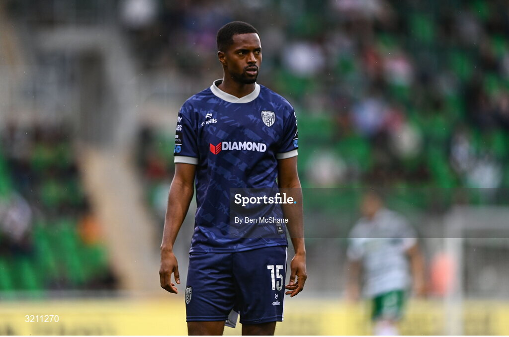 3 August 2025; Sadou Diallo of Derry City during the SSE Airtricity Men's Premier Division match between Shamrock Rovers and Derry City at Tallaght Stadium in Dublin.  Photo by Ben McShane/Sportsfile
