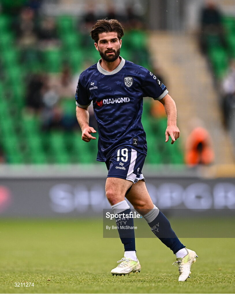 3 August 2025; Brandon Fleming of Derry City during the SSE Airtricity Men's Premier Division match between Shamrock Rovers and Derry City at Tallaght Stadium in Dublin.  Photo by Ben McShane/Sportsfile