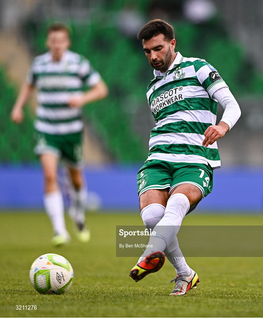 3 August 2025; Danny Mandroiu of Shamrock Rovers during the SSE Airtricity Men's Premier Division match between Shamrock Rovers and Derry City at Tallaght Stadium in Dublin.  Photo by Ben McShane/Sportsfile