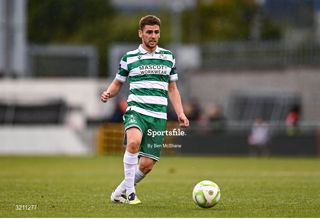 3 August 2025; Dylan Watts of Shamrock Rovers during the SSE Airtricity Men's Premier Division match between Shamrock Rovers and Derry City at Tallaght Stadium in Dublin.  Photo by Ben McShane/Sportsfile