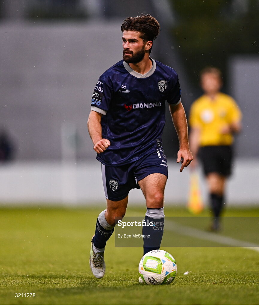 3 August 2025; Brandon Fleming of Derry City during the SSE Airtricity Men's Premier Division match between Shamrock Rovers and Derry City at Tallaght Stadium in Dublin.  Photo by Ben McShane/Sportsfile