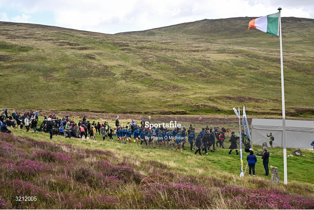 4 August 2025; The players parade before the M. Donnelly GAA Poc Fada All-Ireland Finals at Annaverna Mountain in the Cooley Peninsula, Ravensdale, Louth. Photo by Piaras Ó Mídheach/Sportsfile