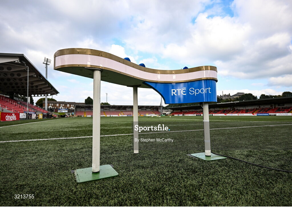 16 August 2025; A general view of the RTÉ pitchside studio before the Sports Direct Men’s FAI Cup third round match between Derry City and Drogheda United at The Ryan McBride Brandywell Stadium in Derry. Photo by Stephen McCarthy/Sportsfile