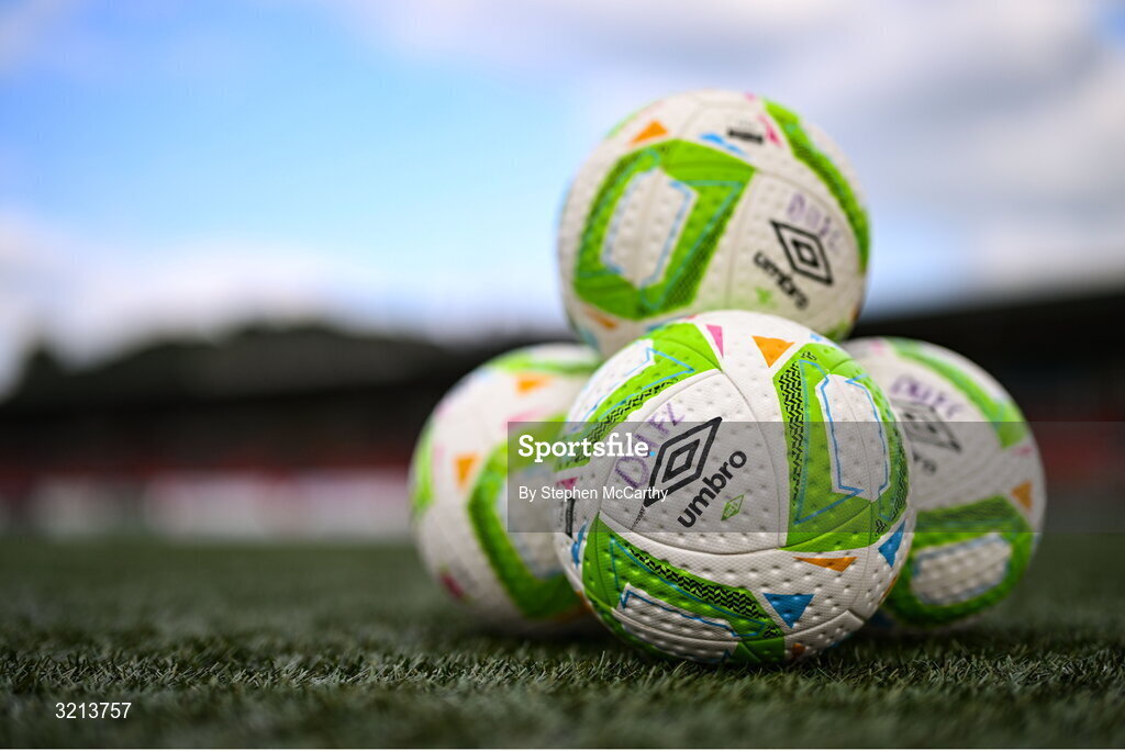 16 August 2025; A detailed view of Drogheda United branded match balls on the pitch before the Sports Direct Men’s FAI Cup third round match between Derry City and Drogheda United at The Ryan McBride Brandywell Stadium in Derry. Photo by Stephen McCarthy/Sportsfile