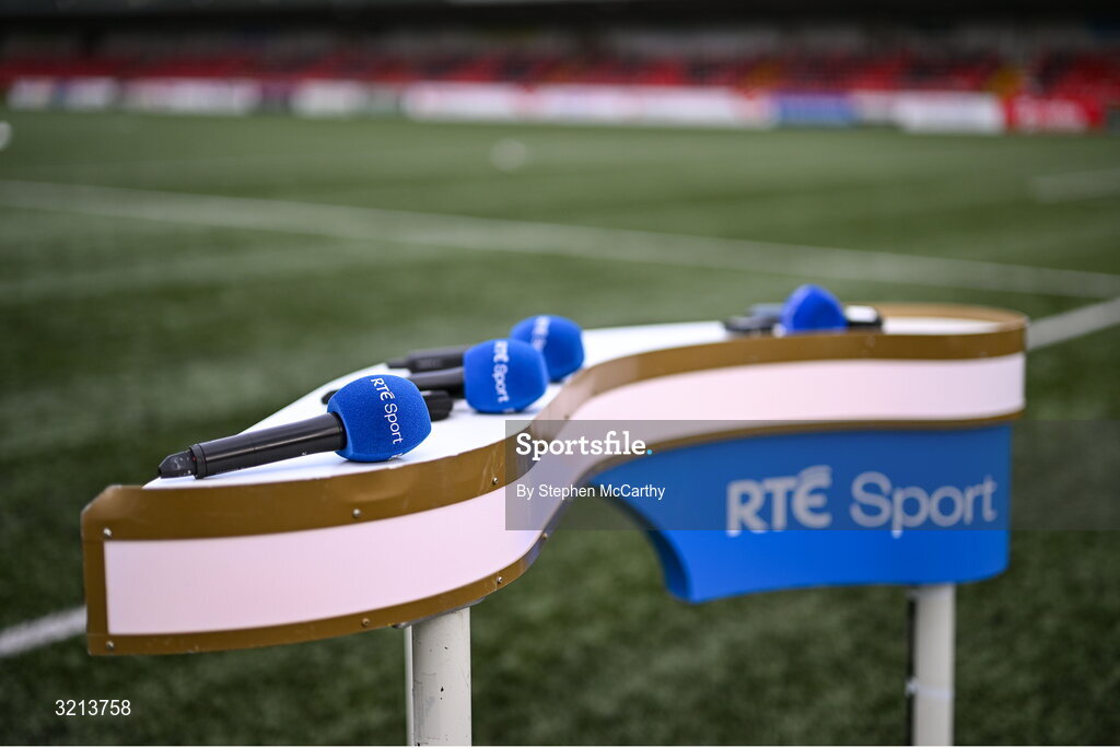 16 August 2025; A general view of the RTÉ pitchside studio before the Sports Direct Men’s FAI Cup third round match between Derry City and Drogheda United at The Ryan McBride Brandywell Stadium in Derry. Photo by Stephen McCarthy/Sportsfile