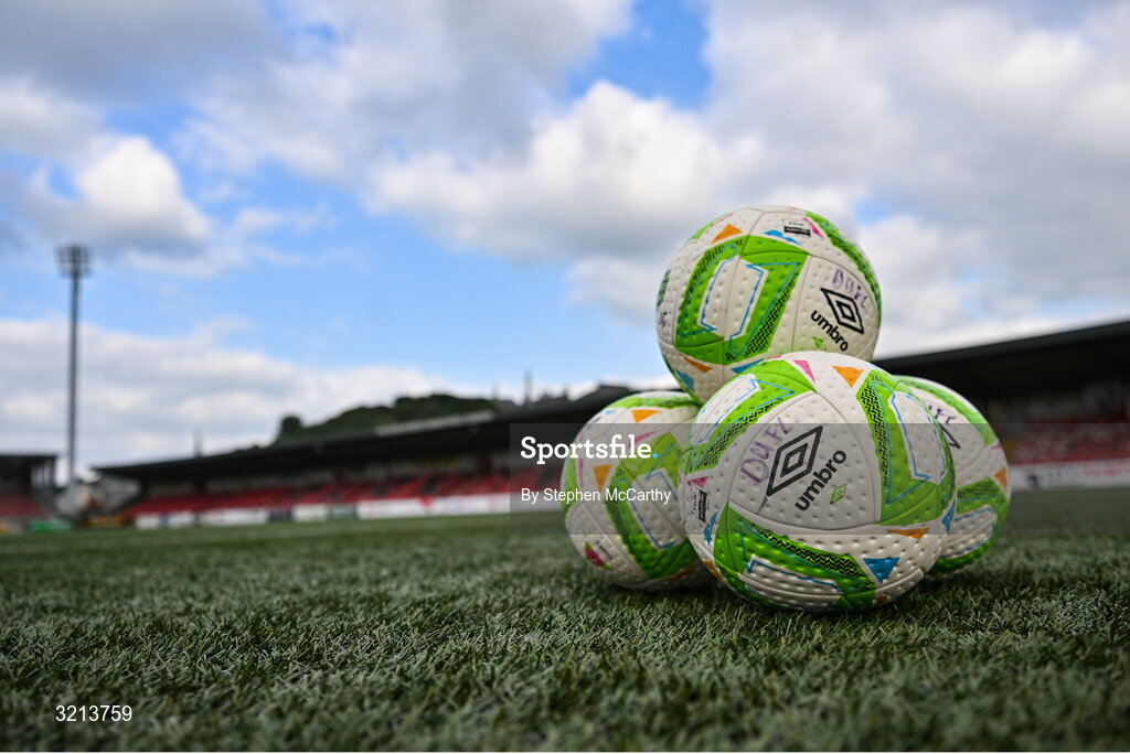 16 August 2025; A detailed view of Drogheda United branded match balls on the pitch before the Sports Direct Men’s FAI Cup third round match between Derry City and Drogheda United at The Ryan McBride Brandywell Stadium in Derry. Photo by Stephen McCarthy/Sportsfile