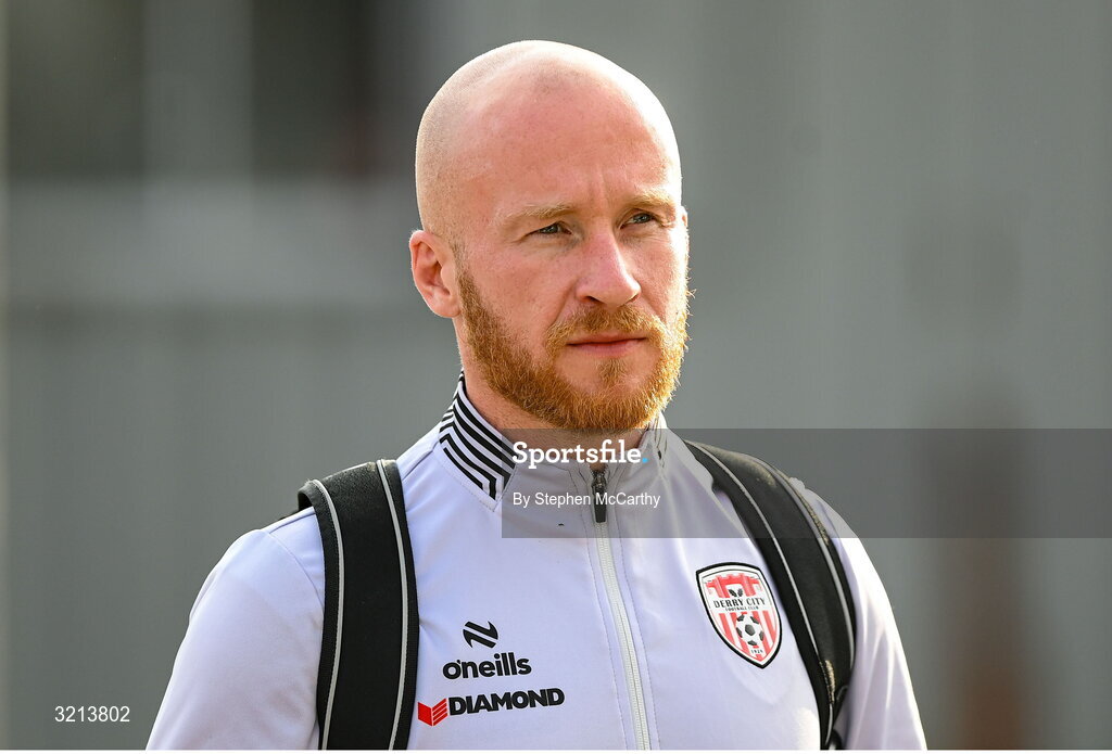 16 August 2025; Liam Boyce of Derry City arrives for the Sports Direct Men’s FAI Cup third round match between Derry City and Drogheda United at The Ryan McBride Brandywell Stadium in Derry. Photo by Stephen McCarthy/Sportsfile