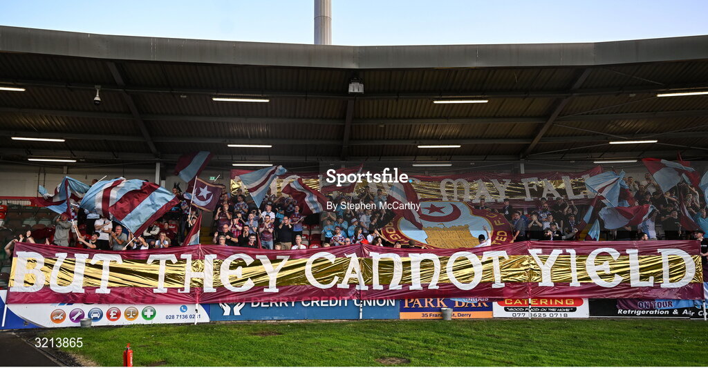 16 August 2025; Drogheda United supporters before the Sports Direct Men’s FAI Cup third round match between Derry City and Drogheda United at The Ryan McBride Brandywell Stadium in Derry. Photo by Stephen McCarthy/Sportsfile