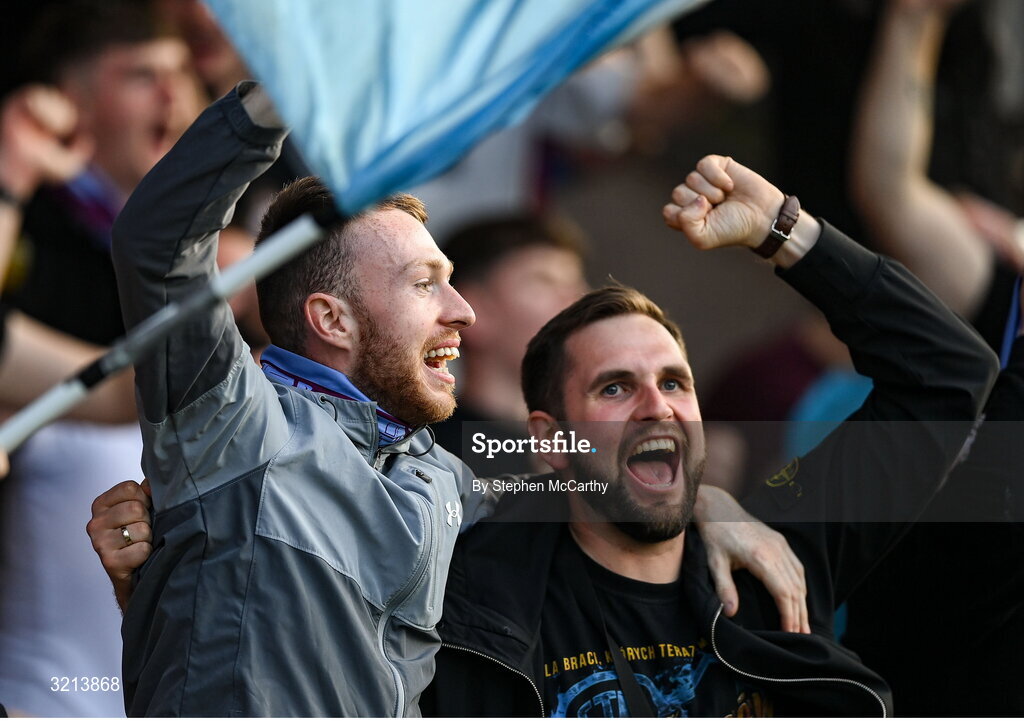 16 August 2025; Drogheda United supporters celebrate their first goal during the Sports Direct Men’s FAI Cup third round match between Derry City and Drogheda United at The Ryan McBride Brandywell Stadium in Derry. Photo by Stephen McCarthy/Sportsfile