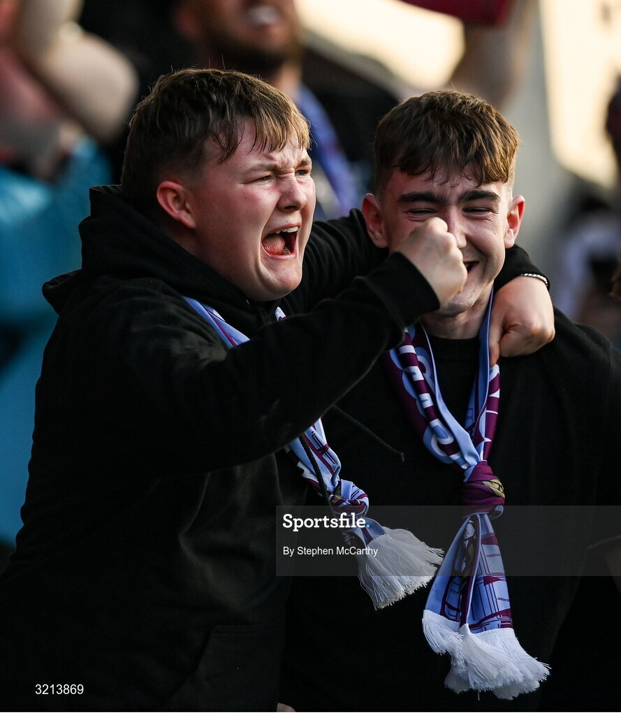 16 August 2025; Drogheda United supporters celebrate their first goal during the Sports Direct Men’s FAI Cup third round match between Derry City and Drogheda United at The Ryan McBride Brandywell Stadium in Derry. Photo by Stephen McCarthy/Sportsfile
