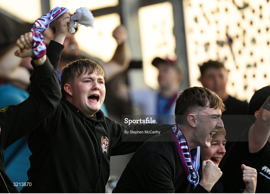 16 August 2025; Drogheda United supporters celebrate their first goal during the Sports Direct Men’s FAI Cup third round match between Derry City and Drogheda United at The Ryan McBride Brandywell Stadium in Derry. Photo by Stephen McCarthy/Sportsfile