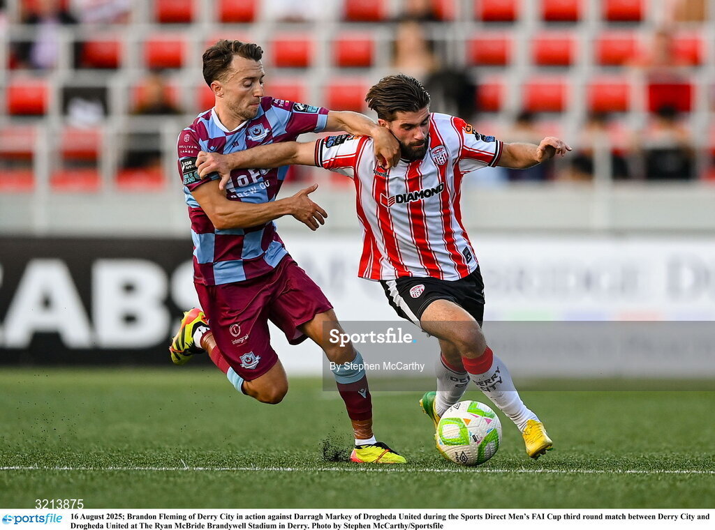 16 August 2025; Brandon Fleming of Derry City in action against Darragh Markey of Drogheda United during the Sports Direct Men’s FAI Cup third round match between Derry City and Drogheda United at The Ryan McBride Brandywell Stadium in Derry. Photo by Stephen McCarthy/Sportsfile
