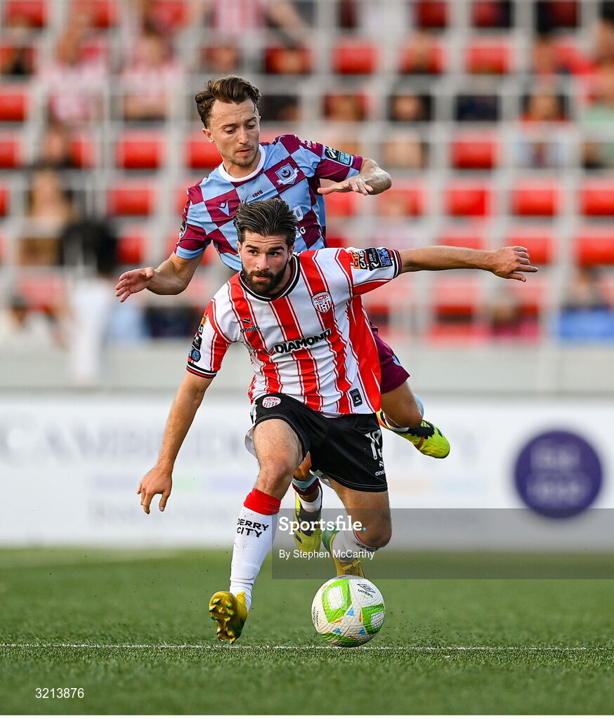 16 August 2025; Brandon Fleming of Derry City in action against Darragh Markey of Drogheda United during the Sports Direct Men’s FAI Cup third round match between Derry City and Drogheda United at The Ryan McBride Brandywell Stadium in Derry. Photo by Stephen McCarthy/Sportsfile
