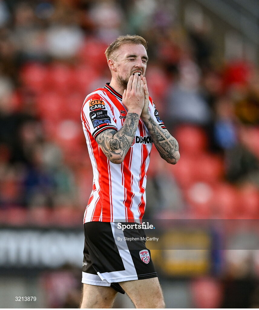 16 August 2025; Carl Winchester of Derry City reacts to a missed opportunity on goal during the Sports Direct Men’s FAI Cup third round match between Derry City and Drogheda United at The Ryan McBride Brandywell Stadium in Derry. Photo by Stephen McCarthy/Sportsfile