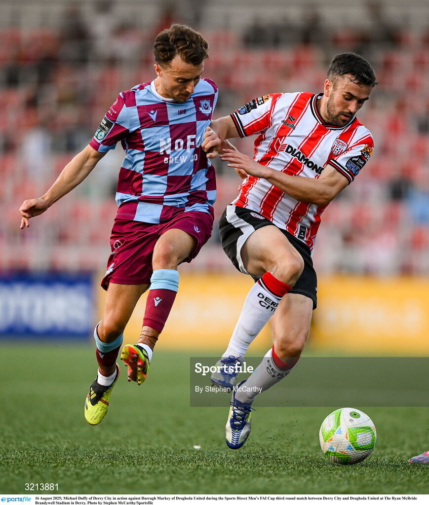 16 August 2025; Michael Duffy of Derry City in action against Darragh Markey of Drogheda United during the Sports Direct Men’s FAI Cup third round match between Derry City and Drogheda United at The Ryan McBride Brandywell Stadium in Derry. Photo by Stephen McCarthy/Sportsfile