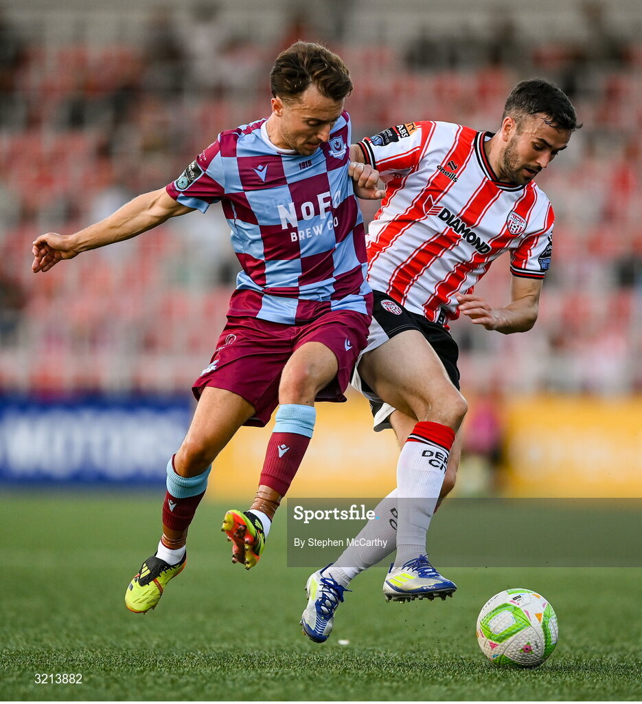 16 August 2025; Michael Duffy of Derry City in action against Darragh Markey of Drogheda United during the Sports Direct Men’s FAI Cup third round match between Derry City and Drogheda United at The Ryan McBride Brandywell Stadium in Derry. Photo by Stephen McCarthy/Sportsfile