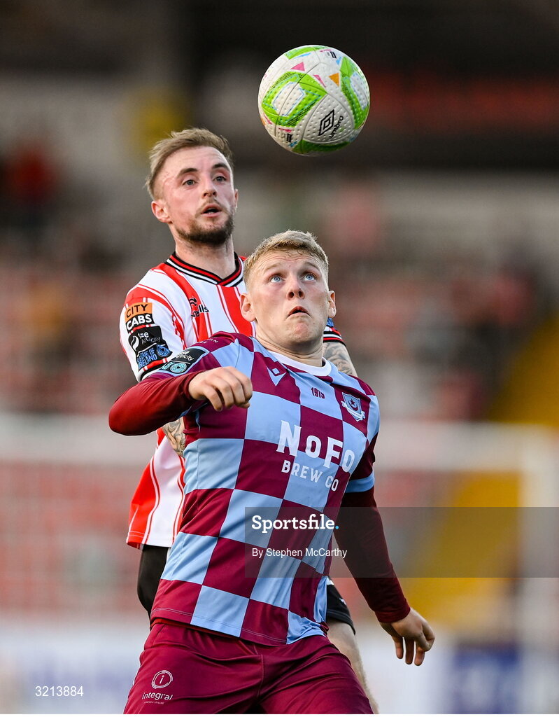 16 August 2025; Josh Thomas of Drogheda United in action against Carl Winchester of Derry City during the Sports Direct Men’s FAI Cup third round match between Derry City and Drogheda United at The Ryan McBride Brandywell Stadium in Derry. Photo by Stephen McCarthy/Sportsfile