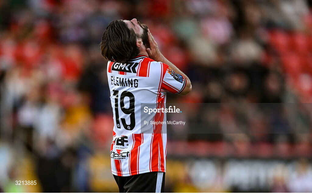 16 August 2025; Brandon Fleming of Derry City reacts to a missed opportunity on goal during the Sports Direct Men’s FAI Cup third round match between Derry City and Drogheda United at The Ryan McBride Brandywell Stadium in Derry. Photo by Stephen McCarthy/Sportsfile