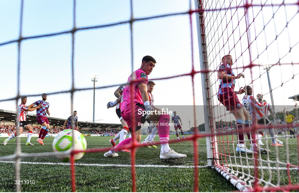 16 August 2025; Derry City goalkeeper Brian Maher watches the ball go past him for Drogheda United's first goal, scored by Andrew Quinn, not pictured, during the Sports Direct Men’s FAI Cup third round match between Derry City and Drogheda United at The Ryan McBride Brandywell Stadium in Derry. Photo by Stephen McCarthy/Sportsfile