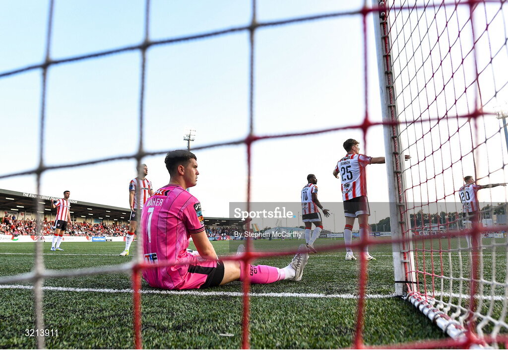 16 August 2025; Derry City goalkeeper Brian Maher after Drogheda United's first goal, scored by Andrew Quinn, not pictured, during the Sports Direct Men’s FAI Cup third round match between Derry City and Drogheda United at The Ryan McBride Brandywell Stadium in Derry. Photo by Stephen McCarthy/Sportsfile
