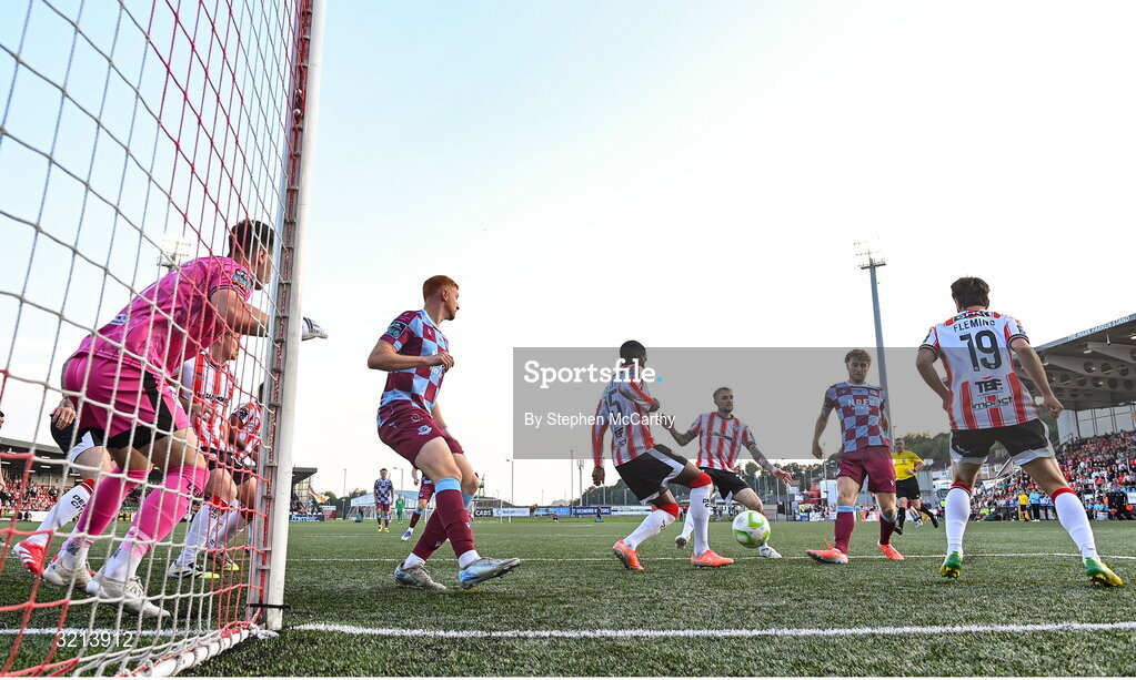 16 August 2025; Andrew Quinn of Drogheda United, right, scores his side's first goal past Derry City goalkeeper Brian Maher during the Sports Direct Men’s FAI Cup third round match between Derry City and Drogheda United at The Ryan McBride Brandywell Stadium in Derry. Photo by Stephen McCarthy/Sportsfile