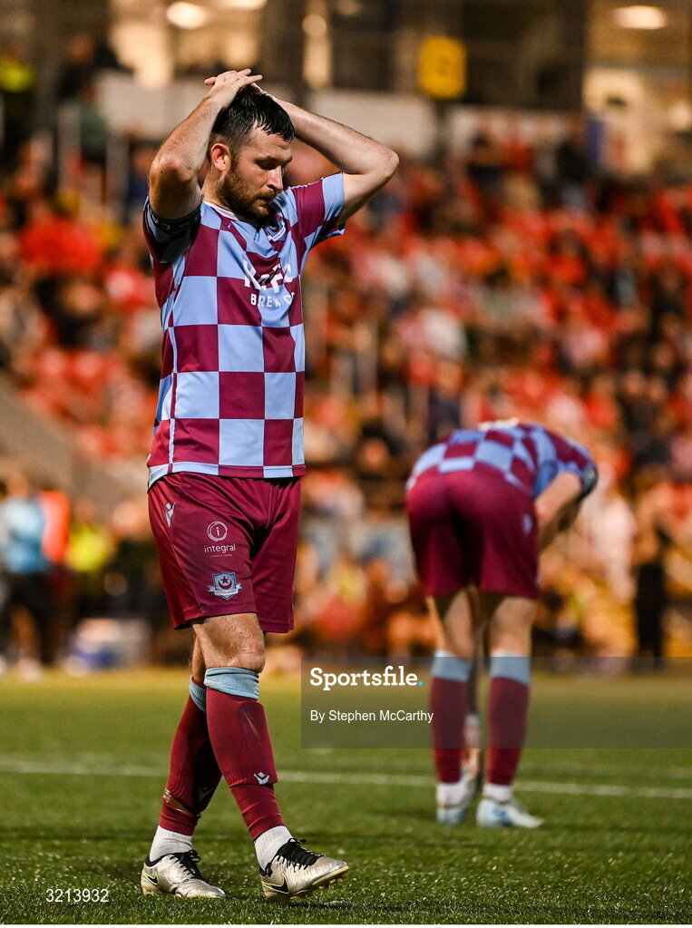 16 August 2025; Ryan Brennan of Drogheda United reacts to a missed opportunity on goal during the Sports Direct Men’s FAI Cup third round match between Derry City and Drogheda United at The Ryan McBride Brandywell Stadium in Derry. Photo by Stephen McCarthy/Sportsfile