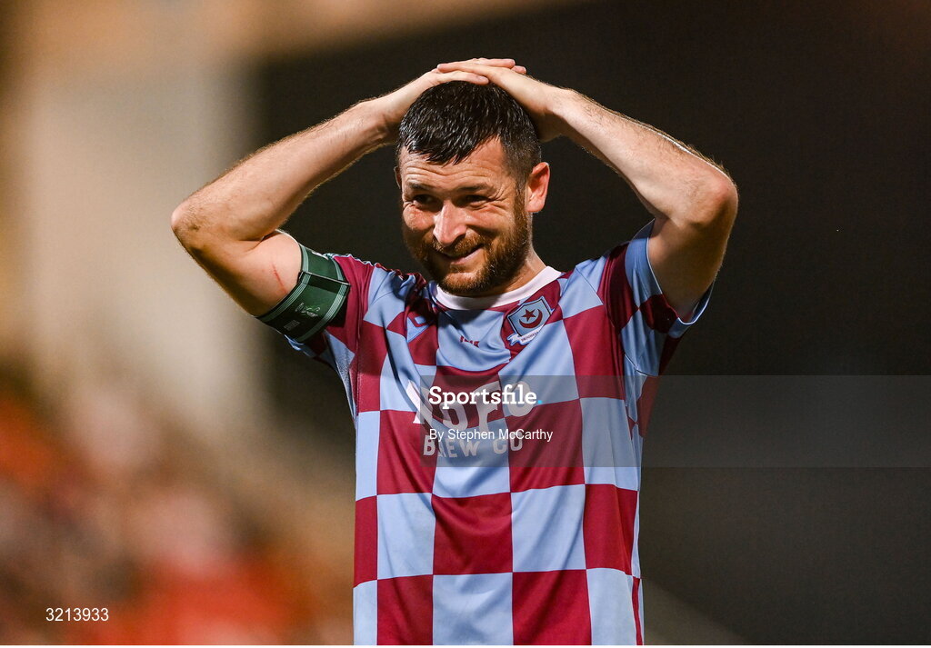 16 August 2025; Ryan Brennan of Drogheda United reacts to a missed opportunity on goal during the Sports Direct Men’s FAI Cup third round match between Derry City and Drogheda United at The Ryan McBride Brandywell Stadium in Derry. Photo by Stephen McCarthy/Sportsfile